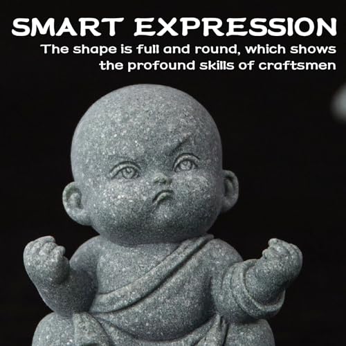 4 PCS Cute Kung Fu Zen Monk Praying Statue, Mini Sandstone Buddha Statues, Stone Monk Figurine Zen Decor for Desktop Decor, Home Feng Shui, Zen Garden, Fish Tank, 4Pcs Grey