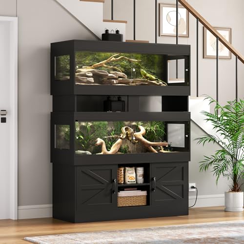 Dual 60 Gallon Reptile Tank with Stand,Reptile Enclosure,Bearded Dragon Tank,Reptile Terrarium with Cabinet,Sliding Doors,Power Outlet for Snakes,Lizards,Crested Geckos Black CAGE003B - color: Black, size: 60 Gallon+60 Gallon