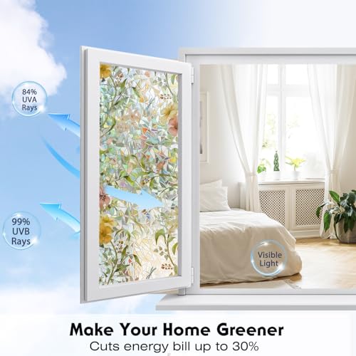 Volcanics Stained Glass Window Film with Installation Tools, Rainbow Window Privacy Film, Decorative Window Clings for Glass Windows, Static Cling Sun Blocking Floral Decals, 35.4 x 78.7 Inch - color: Flower Rainbow, size: 35.4" X 78.7"
