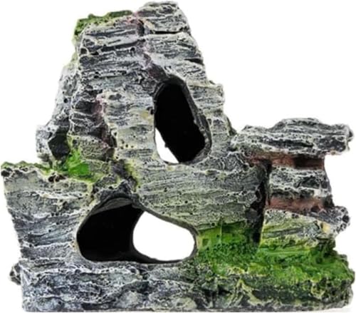 Resin Aquarium Mountain Decor with Moss Rock Cave - Multi-Level Terrain for Fish Tank Landscaping, Natural-Looking Rockery Design with Hidden Cave and Crevices for Shrimp,Reptile Habitat Aquascaping