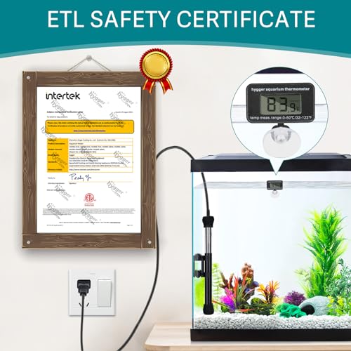 hygger ETL Certification Aquarium Heater, 50W/100W/200W/300W Submersible Fish Tank Thermostat Heater with Firm Double Pair Suction Cups for Coral Saltwater and Freshwater Tank with Thermometer (100W) - size: 100W