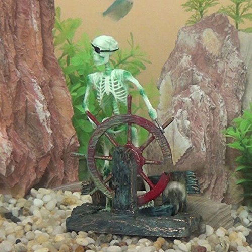 Aquarium Decor Ornament Air-Driven Active Skeleton Pirate Captain for Fish Tank Decoration