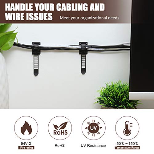 Adhesive Cable Management Clips, 50Pcs Adjustable Nylon Cable Strap Ties Wire Clips Clamps Organizer with Strong Adhesive Tape, Extra Screw & Hole for Strong Fixation Home Office - 3.55 Inch Black - color: Black, size: L-50pcs