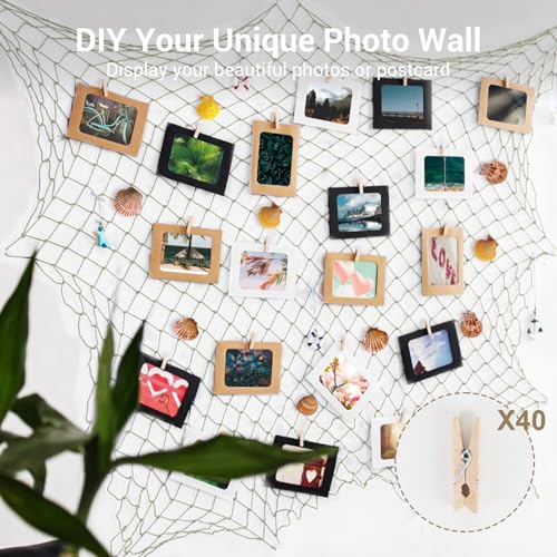 80x40 Inch Decorative Fishing Net w/Shells & Clips, 3mm Beige Natural Cotton Large Photo Hanging Fishnet, Wall Halloween Party Decorations for Nautical Pirate Hawaii Underwater Mermaid Themed Party - color: Beige, size: Large - 1 Pack with shells