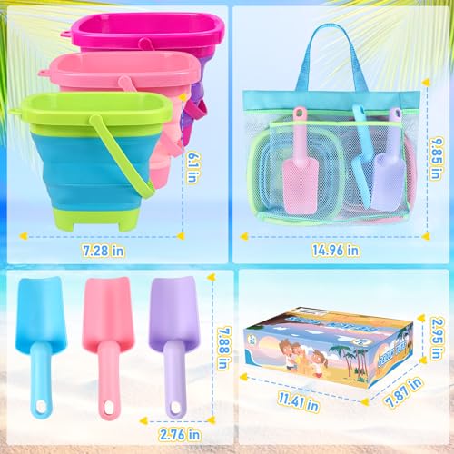Collapsible Beach Buckets for Kids, Foldable Sand Buckets and Shovels with Mesh Bag, Silicone Sand Pails Travel Beach Toys for Toddlers Easter Egg Hunt, Camping and Fishing Water Pail - style: 3 Buckets