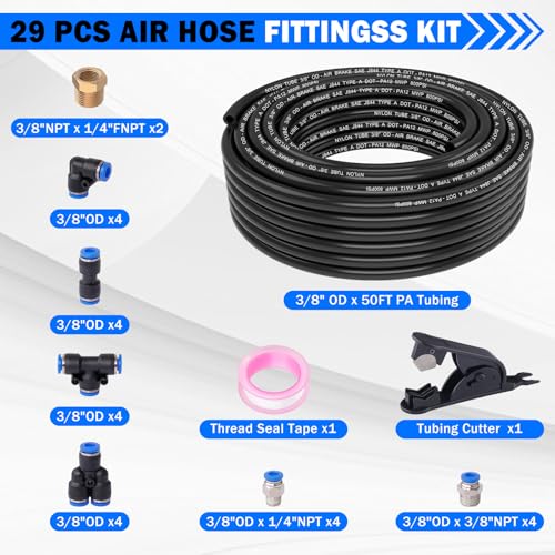 Air Line Tubing Kit, 3/8" OD DOT Air Line 50 FT(15 m) SAE j844 PA Nylon Air Hose Tubing and Push to Connect Fittings for Air Brake System Or Fluid Transfer, 29 Pcs Compressed Accessories Kit