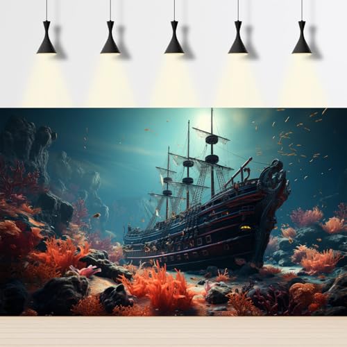 Shipwreck Aquarium Background Vibrant Coral Reef Marine Life Sunken Pirate Ship Fish Tank Background Stunning Underwater Rock Submerged Structure Reptile Tank Enclosure Terrarium Backgrounds 24x12in - color: Dark Blue_Orange, size: 24(W)x12(H)in