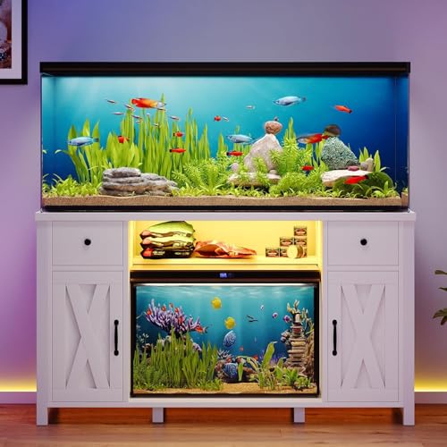 55-75 Gallon Fish Tank Stand with Power Outlet & LED Lights, 55 Gallon Aquarium Stand with Storage Drawers & Barn Doors, Heavy Duty Reptile Tank Cabinet for Turtle, Reptile Terrarium, White - color: White
