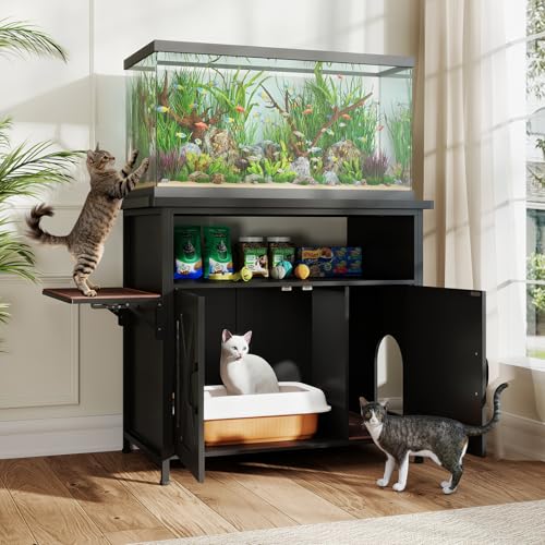 Verano Garden 40-50 Gallon Fish Tank Stand with Hidden Cat Litter Box Enclosure Furniture, Cat Viewing Aquarium Stand with Storage Shelf & Side Cat Perch, 36.2"x20.5" Tabletop, 660 LBS Capacity - color: Black