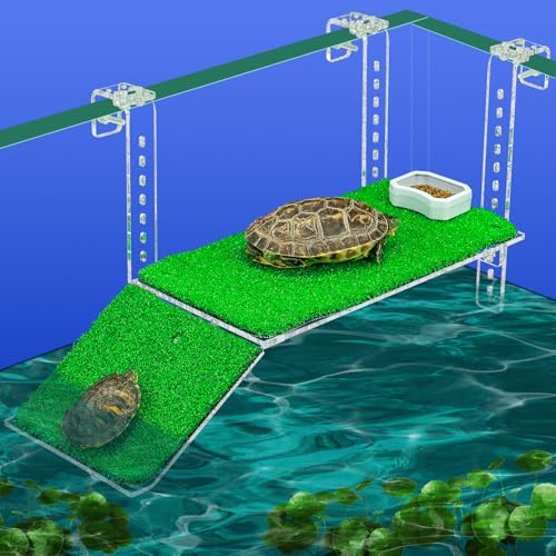Adjustable Hanging Turtle Dock with Anti-Slip Artificial Grass Basking Platform Sturdy Acrylic Ramp for Aquatic Turtles, Compatible with Various Tank Sizes, Easy Setup Transparent, 13x6.9 Inch - size: 13x6.9 Inch