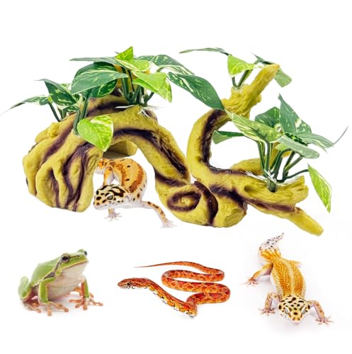 PINVNBY Reptile Branches for Climbing,Resin Crested Gecko Climb Branch with Hideout Cave Lizard Terrarium Habitat Plant Decor Bearded Dragon Tank Accessories for Snake Gecko Spider Frog(Yellow) - color: 【Yellow】
