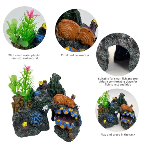 PINVNBY Aquarium Coral Reef Decor Resin Fish Tank Decorations Rock Mountain Cave Ornaments for Goldfish Betta Fish Sleep Rest Hide Play Breed with 4 PCS Aquatic Plants (Small Size) - size: M-4 PCS water plants