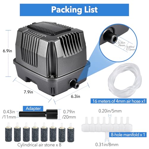 Linear Air Pond Pump, 855 GPH, Pond Aerators for Outdoor, with 8 Pcs Air Stones, for Fish Tank Koi Aquarium