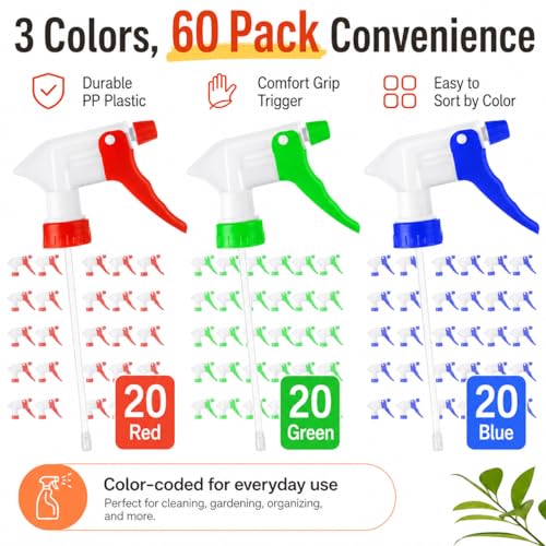 60 Pcs Spray Nozzles for Bottles, 3 Color 28/400 Spray Bottle Sprayer Replacement with Tubes and Filter Screens for Cleaning, Salon, Garden Refills - color: Red, Green, Blue (3 color)