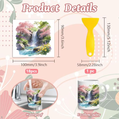 Peacoblue 18 Sheets Rub on Transfers for Crafts, Waterfall Forest Scenery 3.6"x3.9" UV DTF Cup Wraps Waterproof Cold Transfers Stickers for Wood Glass Metal Cup Tumblers Mirrors Mugs Home Decor - style: Waterfall Forest Scenery