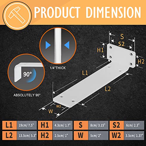 CLT Shelf Bracket( White) , 8” Quarter Inch (1/4") Thick- Max Load: 220 lb Rustic Industrial Modern Farmhouse Heavy Duty Bracket for DIY Table Bench, Pack of 6 - size: 8 inches, style: White S Bracket