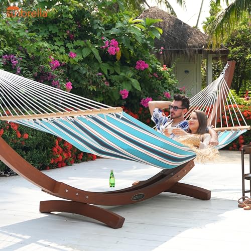 Lazy Daze Hammocks 12 FT Sunbrella Fabric Hammock Non-Fading with Spreader Bars and Free Pillow Fits for 2 Persons, All Weather and Fade Resistant for Patio Yard, 450 lbs Capacity, Token Surfside - color: Token Surfside