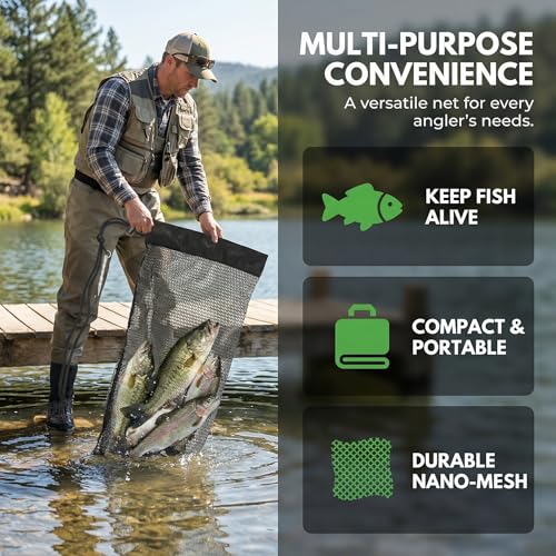 32" Collapsible Fishing Keep Net with Ground Spike, Portable Mesh Bag for Caught Fish, Heavy Duty Basket & Bait Holder, Red de Pesca for Kayak or Ice Fishing Livewell, Small Lobster Catching Net