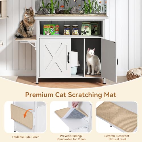 Verano Garden 40-50 Gallon Fish Tank Stand with Hidden Cat Litter Box Enclosure Furniture, Cat Viewing Aquarium Stand with Storage Shelf & Side Cat Perch, 36.2"x20.5" Tabletop, 660 LBS Capacity - color: White