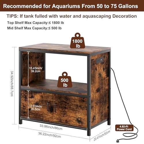 TQVAI 50-75 Gallon Fish Tank Stand with Power Outlets, Heavy Duty Aquarium Stand with Cabinet Storage Fish Tank Accessories, Large Reptile Terrarium Tank Stand, Black/Vintage - size: 50-75 Gallon