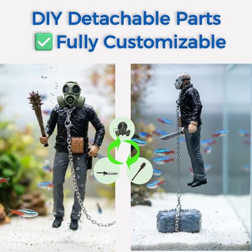 Floating Fish Tank Decoration- Chained Killer of The Deep, Survival Horror Action Figure with Detachable Gas Mask & Weapons - Resin Sinking Ornament with Stone Anchor, Cool DIY Aquarium Decoration