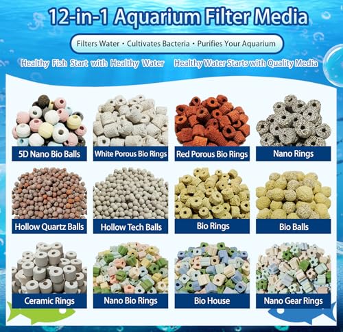 Aquarium Filter Media 12-in-1 Biological Kit - Supports Nitrogen Cycle for Crystal Clear Water, with Bio Balls & Ceramic Rings for Freshwater, Saltwater, Pond, Sump, Canister Filter(2lb) - size: 2lb(910g)