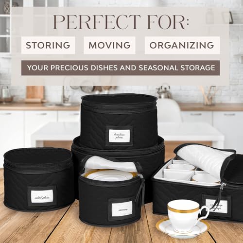China Storage Containers 5-Piece Set Moving Boxes for Dinnerware, Glasses, Plates, Mugs and Saucers Sturdy Quilted Microfiber Dish Organizer with Dividers for Seasonal Storage - Holds Set of 12, Black - color: Black