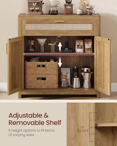 VASAGLE ELLAN Collection - Boho Buffet Cabinet with Rattan-Look Doors, Sideboard Storage Cabinet, Rounded Corners, Adjustable Shelf, Drawer, for Kitchen, Natural Brown UBBK601KC01 - color: Natural Brown (With Drawer), size: 1 Pcs