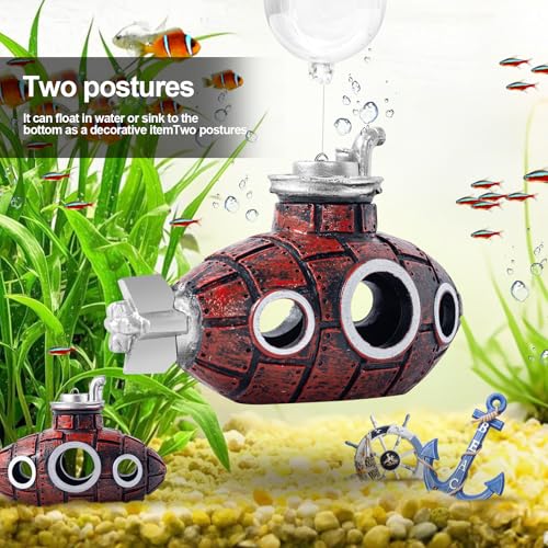 New Upgrade Floating Fish Tank Decoration, Cute Retro Submarine Set and Floating Diver,Three Float Balls, Aquarium Decorations Resinous Betta Fish Tank Accessories - color: Reddish Brown