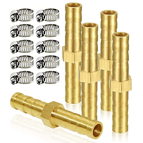 Joywayus Brass Hose Barb 5/16" ID Hex Union Brass Hose Fitting Water/Fuel/Air with 10 Stainless Steel Clamps(Pack of 5) - size: 5/16", style: 5PCS