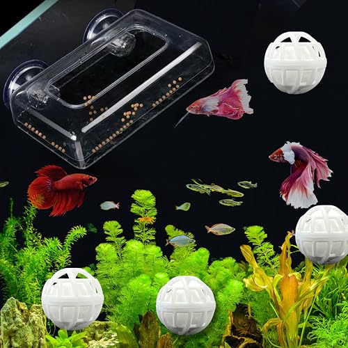 Acrylic Fish Feeding Box Ring for Turtle with Filter Ball Set, Fish Feeder Ring and Nitrifying Ball, Betta Feeding Floating, Turtle Enrichment Toys, Floating Betta Food Holder (Clear, L) - size: Large Box Ring