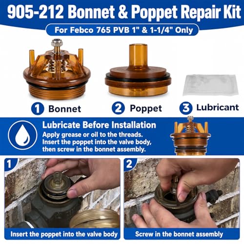 For Febco 765-1 Repair Kit, 765 1" & 1-1/4" Model, 905-212 Bonnet Poppet Repair Kit & 905-052 Check Valve Assembly & Canopy for Febco 765-1 inch & 1-1/4 inch Backflow Preventer and Vacuum Breaker