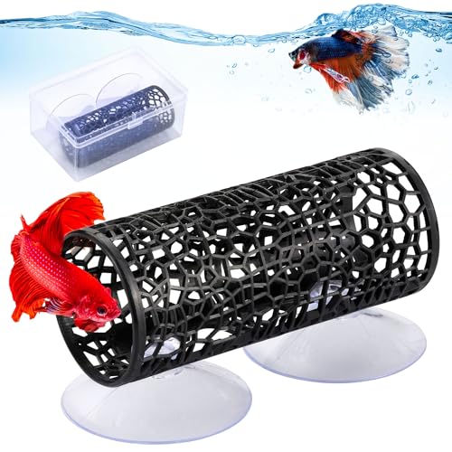 Betta Fish Tunnel Tank Accessories Safe Hollow Hammock Cave Aquarium Fish Toy Decor Hideout Tube Shelter with Suction Cups for Small Fish Shrimp Reptile Guppies Habitat (Black) - color: Black