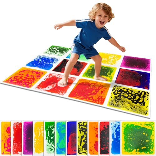 Liquid Sensory Floor Tiles for Kids Ages 3+ - 11.8" Step-On Toys with Color Flow Effect & Non-Slip Base - Great for Classroom Use, Calm Zones & Sensory Play (12-Pack) - style: Regular Tiles (12-Pack)