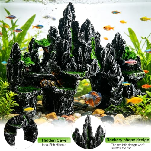 Aquarium Rock Mountain Ornament Fish Tank Decor Safe Resin Hideout (Large) | Non-toxic aquarium-safe resin - size: Large