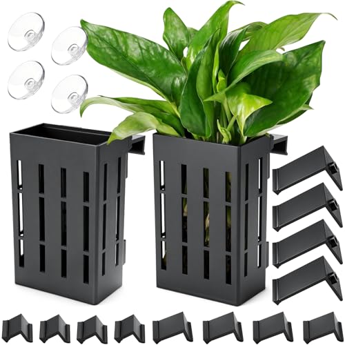 Borlech Upgraded Large Aquarium Plant Holder with Hooks and Suction Cups for Fish Tank Aquaponic Plant Cultivation and Aquascape Decorations (Black) - color: Upgraded Black-2 Pieces