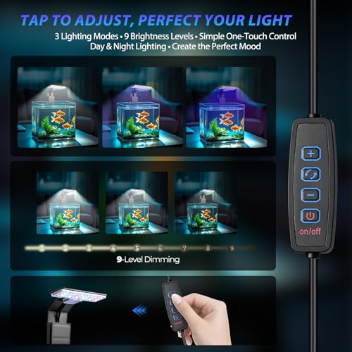 Mini Clip-On Aquarium Light 7W USB Dimmable Fish Tank Lamp with 3 Light Modes (Full Spectrum/White/RGB), 9-Level Brightness, Compact LED Light for 1–3 Gallon Aquariums (Adapter Not Included) - color: Black