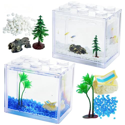 2 Pack Sea Monkey Fish Tank, Mini Betta Fish Tank Stackable Aquarium Tank Kit with Aquarium Gravel & Micro Landscape, 0.6 Gallon Acrylic Fish Bowl Tiny Shrimp Tank for Baby Fish Crab Moss Ball - color: Clear