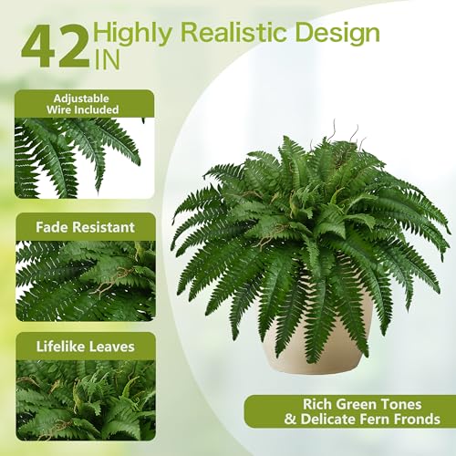 42In Artificial Boston Ferns Bush, Set of 2 Large Faux Ferns Plants, 79 Branches Fake Ferns for Home Living Room Decor, Indoor and Outdoor. - size: 2 PCS-42"