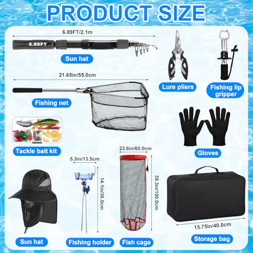 Father's Day Telescopic Fishing Rod Kit, 6.89ft/5.91ft 2 Pcs Collapsible Rod for Him with Landing Net, Tackle Bag, Gloves, Lures, Pliers, Gift for Dad for Saltwater Freshwater Fishing - size: 6.89 FT