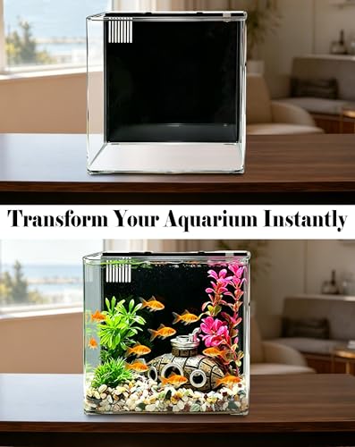 Aquarium Decor Set for Small Desktop Tanks, Includes Submarine Hide Cave, Artificial Plants, Stones & Fish Net, All-in-One Decorations Accessories for Betta, Shrimp & Cichlids