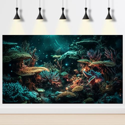 Aquarium Background Colorful Picturesque Coral Reef Terrarium Background Tropical Sea Various Hard Corals Underwater Landscape Fish Tank Backdrop Aquarium Poster Background Vinyl 24x12in - color: Coral Blue, size: 24(W)x12(H)inches/ 60(W)*30cm(H)