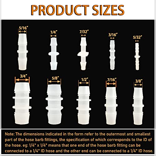 30Pcs Hose Barb Fittings Kit, Pipe Connector Joint Splicer Mender Adapter Union for Aquarium Adapter Gas Liquid Air, for Hose ID 5/32",7/32",3/16",5/16",7/16",3/8",5/8",1/4", 3/4", 1/2"(10 sizes)
