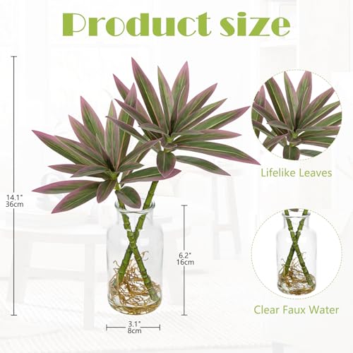 Artificial Pink Plants Stems in Glass Vase with Faux Water,Fake Silk Plant Dracaena Leaves for Centerpiece Table Decorations Farmhouse Wedding Home Greenery Decor - color: Pink#2