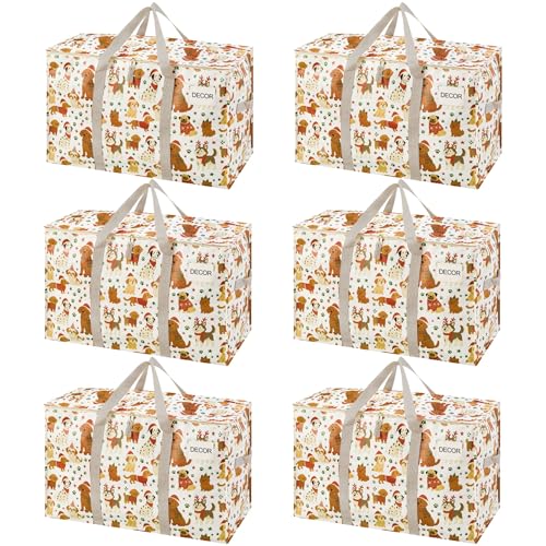 VENO 6 Pack Heavy Duty Moving Bags, Extra Large Storage Bags with Reinforced Handles & Strong Zippers, Foldable & Reusable Moving Box Alternative for Clothes & Dorm Storage - color: Holiday Pups, size: 6 Pack