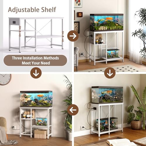 BEURUKU 20-29 Gallon Fish Tank Stand with Power Outlet & LED Light, Metal Aquarium Stand with 3 Tier Adjustable Storage Shelves, Tank Stand for Reptile Tank, Turtle Tank, 30.7" L*13.8" W, White - color: White, size: 20-29 Gallon
