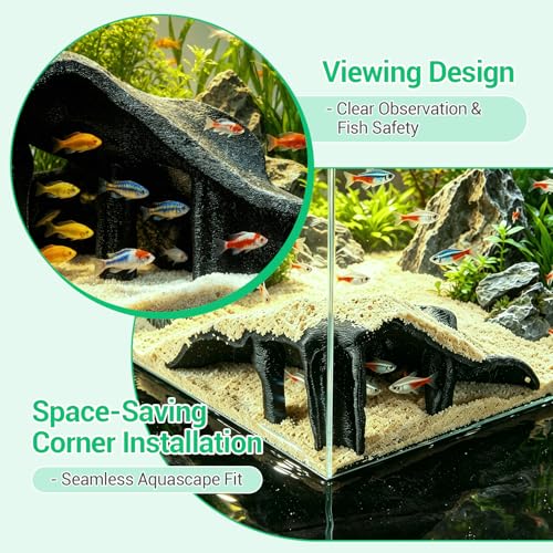 Aquarium Cave Fish Tank Cave Decor Corner Hide – PETG Reptile Hideout with 500g Sand, Mangrove Root Texture for Fish Shrimp Gecko Lizard, Fish Tank Decor 7.5x7.5x4 Inch (Black)