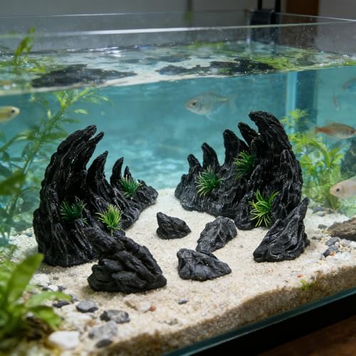 Large “Soul Valley” 7pcs Resin Aquarium Decor Set – Fish Tank Decorations, Imitation Stone Ornaments for 12-20 inch aquariums, Natural Rock Style Decor for Fresh/Saltwater Landscaping Aquariums