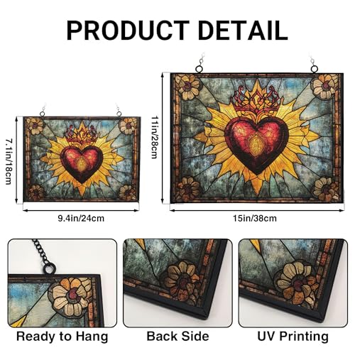 Rectangle Vintage Sacred Heart Stained Glass Sun Catcher, Wall Hanging Colored Decor Room Indoor Window Decor, Halloween, Christmas Hanging Ornament Mother Day - color: Vintage Sacred Heart 3, size: 9.4x7.1 IN
