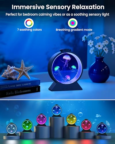 Jellyfish Lamp,Whisper-Quiet Sensory Aquarium Light,7 Color Mood Night Light with Adjustable Water Flow & 8H Timer,Rounded Tank Lamp for Home Office Bedroom Decor for Kids Adults(Black) - color: Black